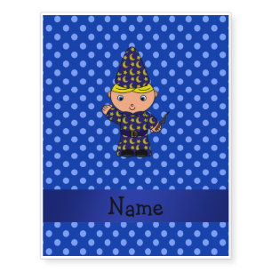 Personalized name wizard blue polka dots temporary tattoos