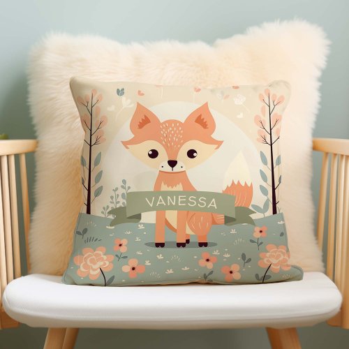 Personalized Name Woodland Fox Baby Girl Nursery Throw Pillow