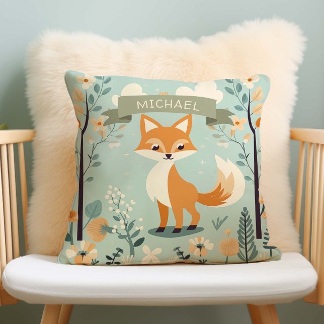 Personalized Name Woodland Fox, Boy Nursery Throw Pillow (woodland fox, baby boy nursery pillow)
