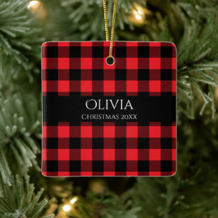 Personalized Name Year Buffalo Plaid Ceramic Ornament