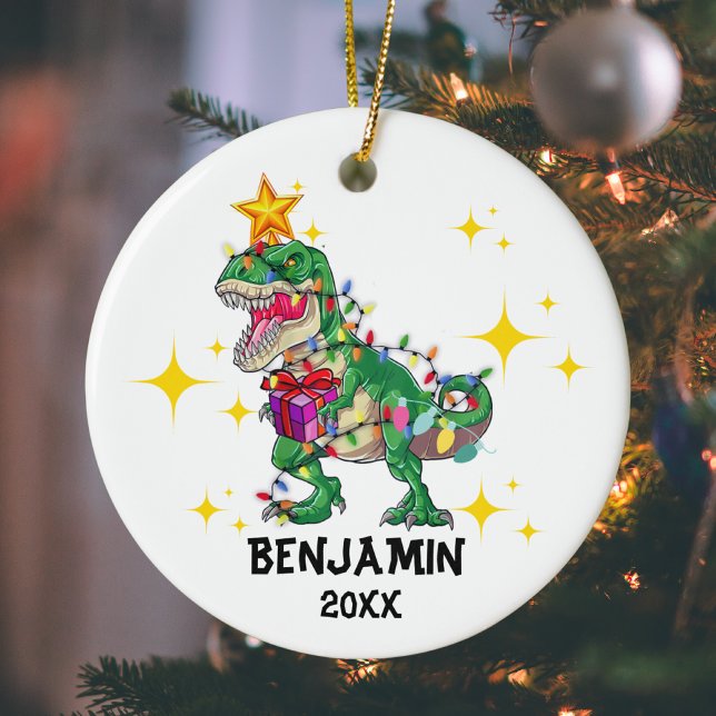 Personalized Name Year Dinosaur Christmas Boy Ceramic Ornament (Creator Uploaded)