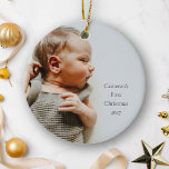 Personalized Name Year First Christmas Baby Photo Ceramic Ornament<br><div class="desc">Celebrate your baby's first Christmas with this elegant personalized ceramic ornament. Featuring a simple and clean design, both sides of the ornament display the baby's name, year, and a cherished photo with a tasteful text overlay. This double-sided ornament makes a timeless keepsake gift, perfect for adding a special touch to...</div>