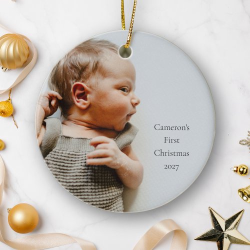 Personalized Name Year First Christmas Baby Photo Ceramic Ornament