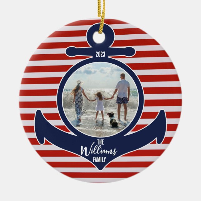 Personalized Name & Year Red White & Blue Anchor Ceramic Ornament (Front)