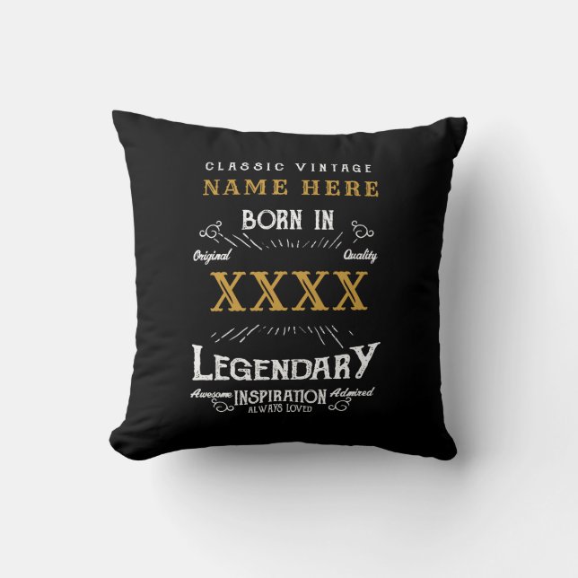 Personalized Name Year Retro Legend Black Birthday Throw Pillow (Front)