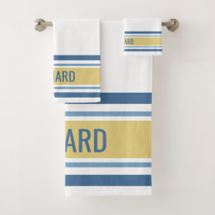 Personalized Name Yellow And Blue Striped Bath Towel Set