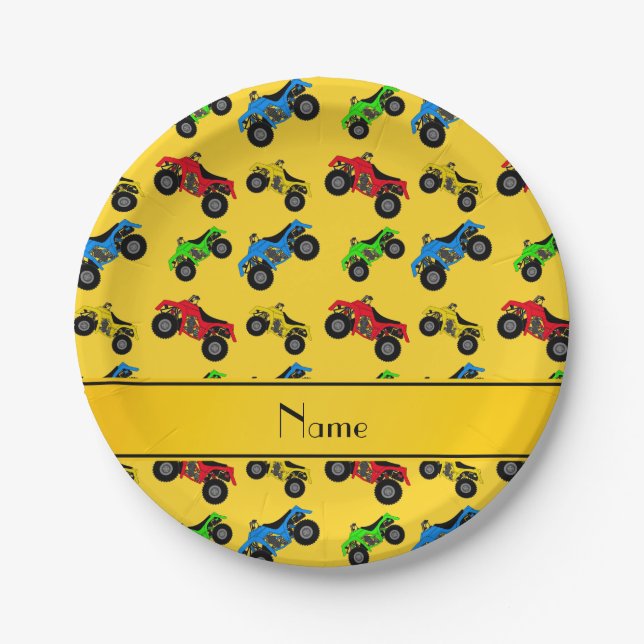 Personalized name yellow atv pattern paper plates (Front)