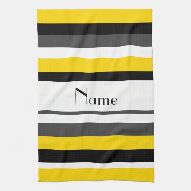 Personalized name yellow black gray white stripes towel (Vertical)