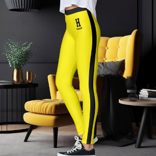 Personalized Name Yellow Black Monogram Stripes Leggings