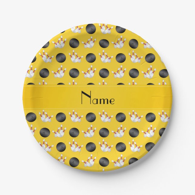 Personalized name yellow bowling pattern paper plates (Front)