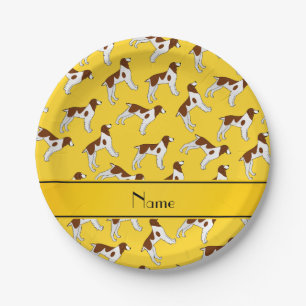 Personalized name yellow brittany spaniel dogs paper plates