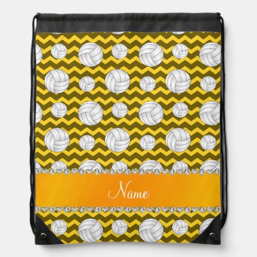 Personalized name yellow chevrons volleyballs drawstring bag