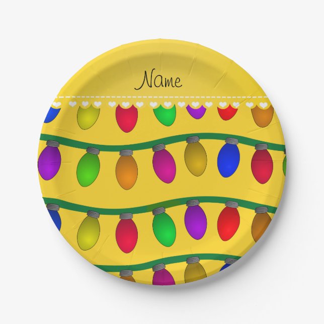 Personalized name yellow christmas lights paper plates (Front)