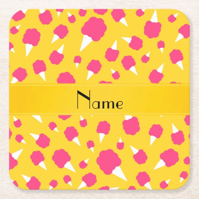 Personalized name yellow cotton candy square paper coaster (Front)