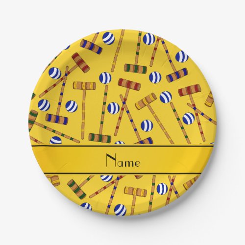 Personalized name yellow croquet pattern paper plates