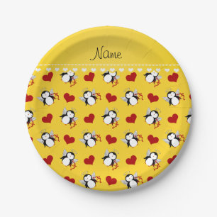 Personalized name yellow cupid penguins red hearts paper plates