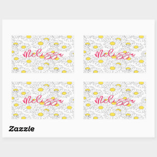 personalized name yellow daisy pattern modern rectangular sticker