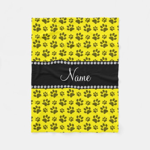 Personalized name yellow dog paw print fleece blanket