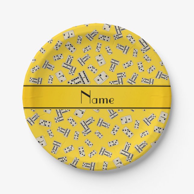 Personalized name yellow dominos paper plates (Front)