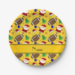 Personalized name yellow football christmas paper plates
