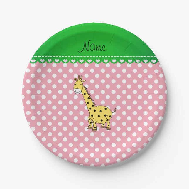 Personalized name yellow giraffe pink polka dots paper plates (Front)