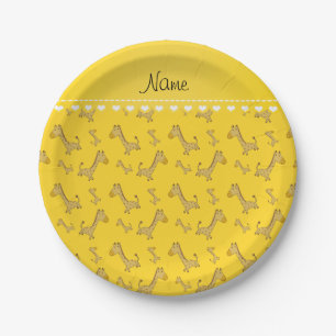 Personalized name yellow giraffes pattern paper plates