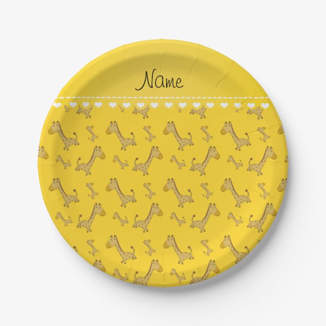 Personalized name yellow giraffes pattern paper plates (Front)