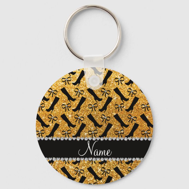 Personalized name yellow glitter boots bows keychain (Front)