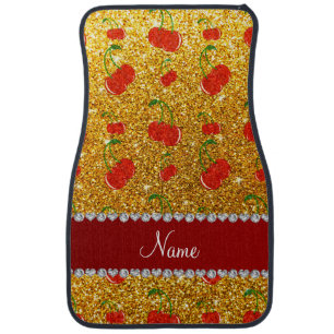 Personalized name yellow glitter cherries car floor mat