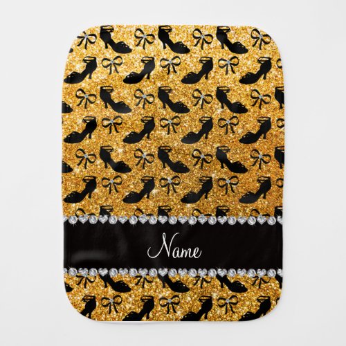 Personalized name yellow glitter fancy shoes bows burp cloth