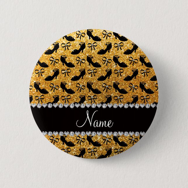 Personalized name yellow glitter fancy shoes bows pinback button (Front)