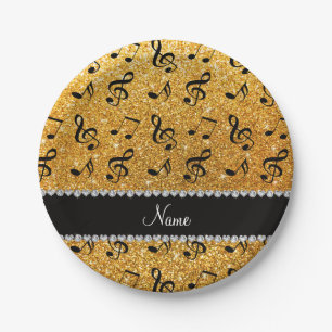 Personalized name yellow glitter music notes paper plates
