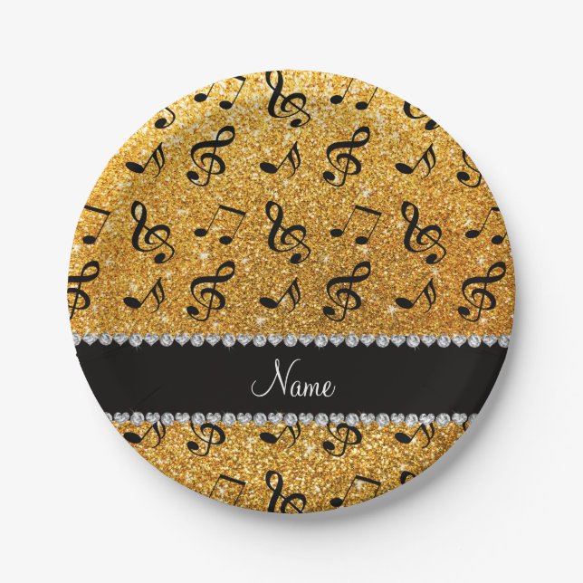 Personalized name yellow glitter music notes paper plates (Front)