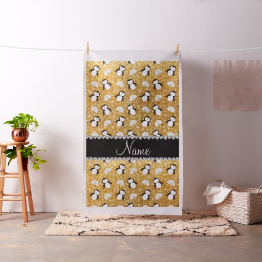 Personalized name yellow glitter penguins igloos fabric