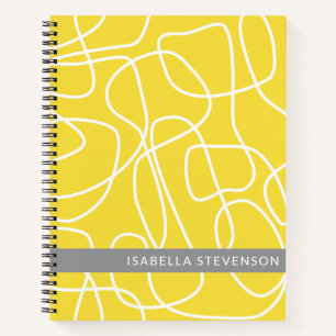 Personalized Name Yellow Gray Abstract Line Art Notebook