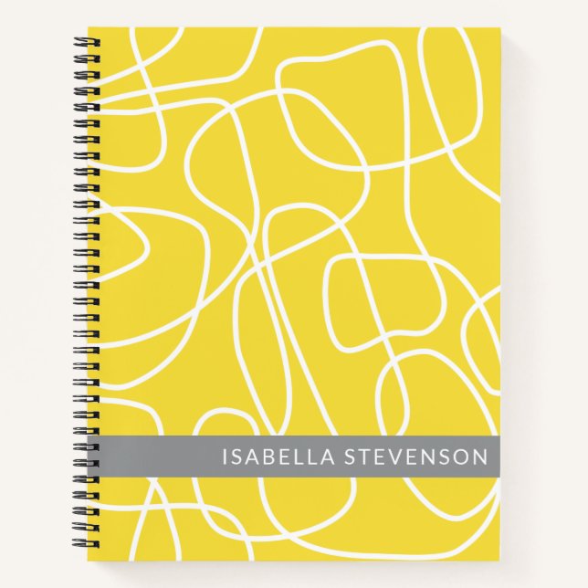 Personalized Name Yellow Gray Abstract Line Art Notebook (Front)