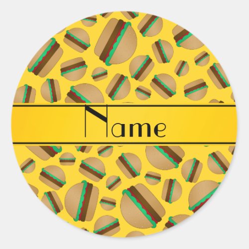 Personalized name yellow hamburger pattern classic round sticker