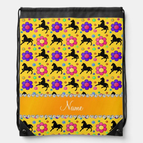 Personalized name yellow horses flowers pattern drawstring bag