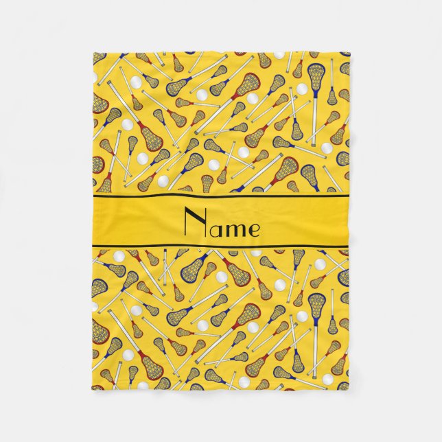 Personalized name yellow lacrosse pattern fleece blanket (Front)