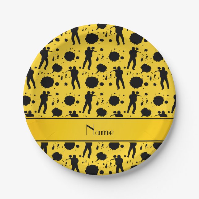 Personalized name yellow paintball pattern paper plates (Front)