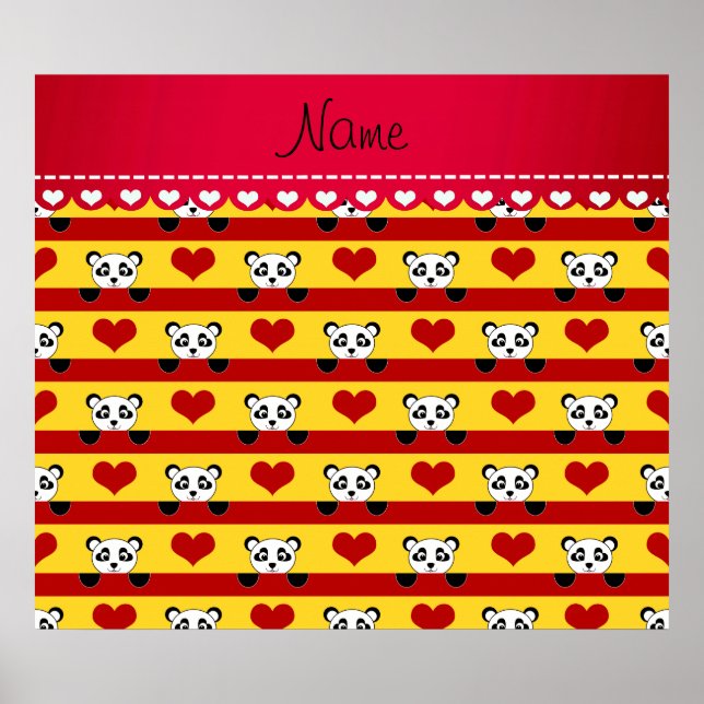 Personalized name yellow panda red heart stripes poster (Front)