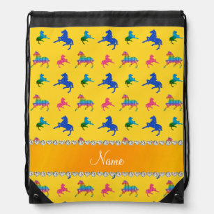 Personalized name yellow patterned horses drawstring bag