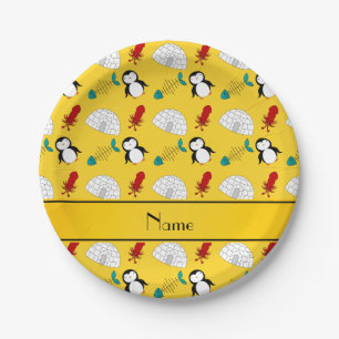Personalized name yellow penguins igloo fish squid paper plates