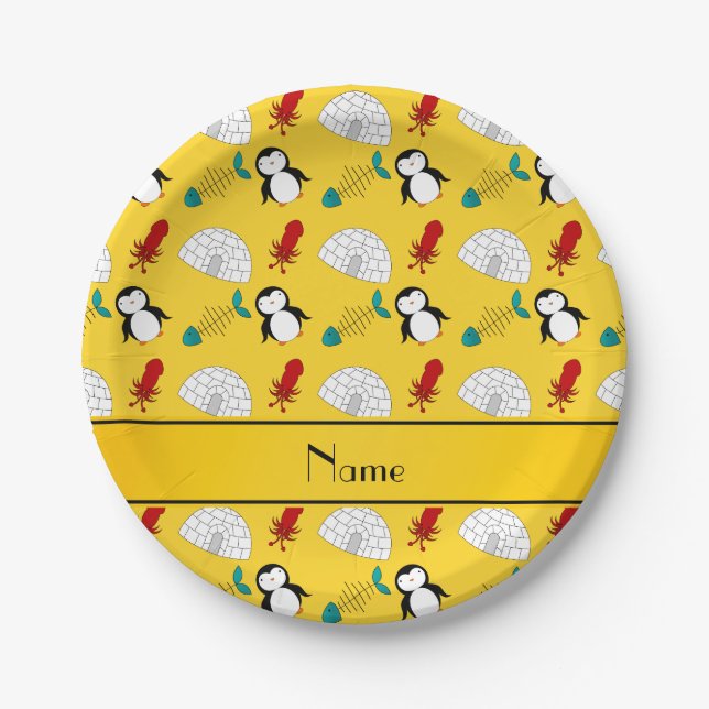 Personalized name yellow penguins igloo fish squid paper plates (Front)