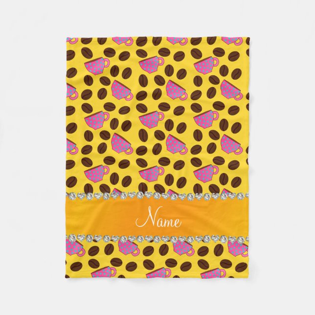 Personalized name yellow pink coffee cups beans fleece blanket (Front)
