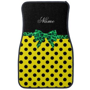 Personalized name yellow polka dots green bow car mat