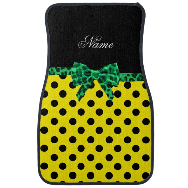 Personalized name yellow polka dots green bow car mat (Front)