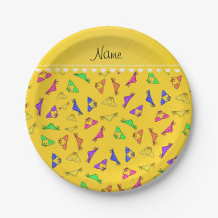 Personalized name yellow rainbow bikinis paper plates