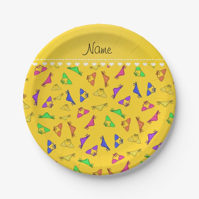 Personalized name yellow rainbow bikinis paper plates (Front)