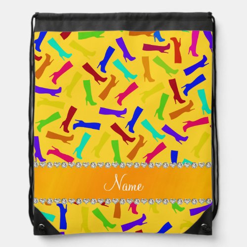 Personalized name yellow rainbow boots drawstring bag